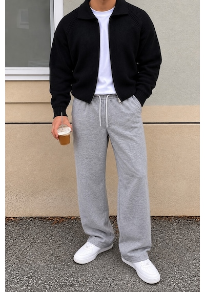 Tarz Cool Erkek Oversize Baggy Fit Eşofman Altı %100 Pamuk 3 İplik Şardonlu Bol Paça Rahat Kesim Gri