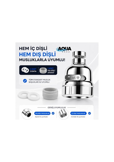 Aqua Sara 3 Fonksiyonlu Mutfak Lavabo Musluk Başlığı 360 Derece Döner Musluk Ucu Tasarruflu Krom