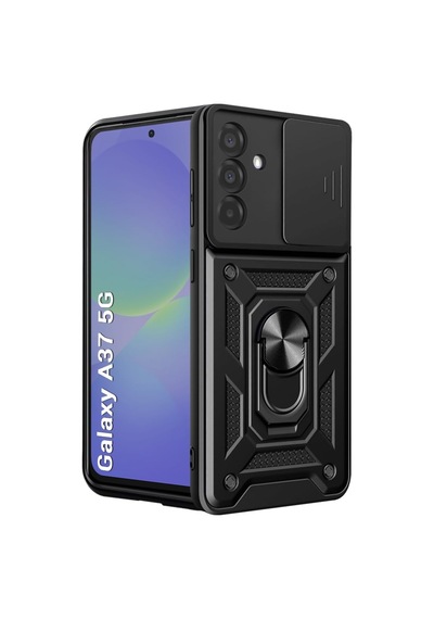 Samsung Galaxy A37 İle Uyumlu Kılıf Magnetik Standlı Kamera Korumalı Sürgülü Kapak Siyah