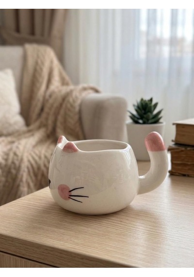 Uyuyan Kedi Kupa 3d Kabartmalı El Yapımı Krem Parlak Kupa - El İşçiliği 3d Hediyelik Kupa Diğer