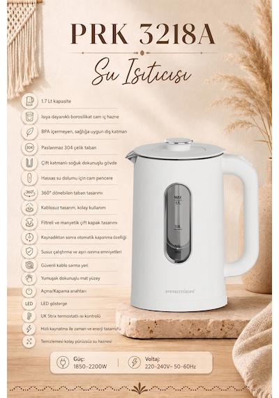 Premier PRK 3218A 1.7 L Isıya Dayanıklı Cam Hazneli Led Işıklı Su Isıtıcısı Kettle
