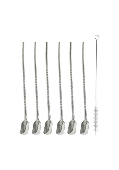 Tr Kaşıklı Milkshake Pipeti Gümüş Paslanmaz Çelik 6'li Pipet Seti+ 1 Adet Temizleme Fırçası Diğer
