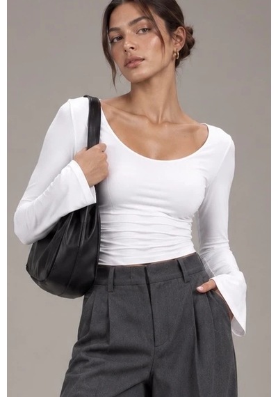 Bbbutikbasic Kadın U Yaka İspanyol Kol Uzun Kollu Slim Fit Bluz My3535 Beyaz