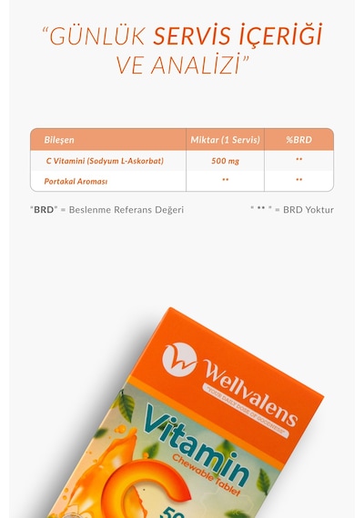 Vitamin C 500 Mg Çiğnenebilir Tablet Şekersiz 24 Tablet, Portakal Aromalı