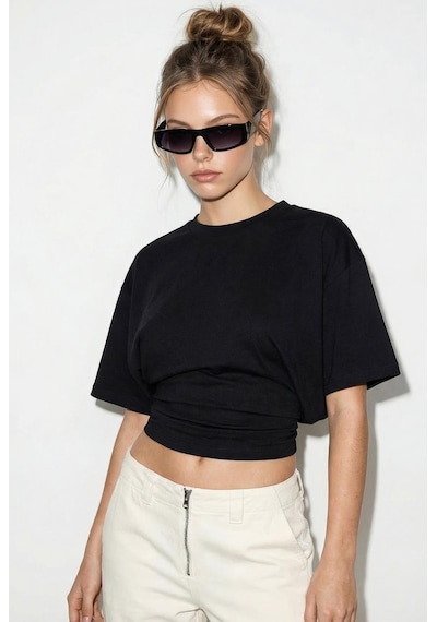 Shade Kadın Beli Büzgülü Bisiklet Yaka T-shirt Öt261003 60283996 - Siyah