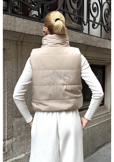 Veraura Lifestyle Bej Sırtı Taş İşlemeli Dik Yaka Kısa Şişme Yelek