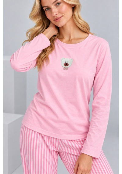 Pijamask Kadın Pembe Ayıcık Detaylı Çizgili Bol Paça Pamuklu Pijama Takımı Pudra