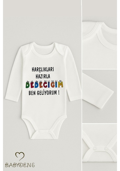 Babyden's "harçlıkları Hazırla Dedeciğim Ben Geliyorum " Yazılı Uzun Kollu Bebek Zıbını %100 Pamuklu Body Beyaz