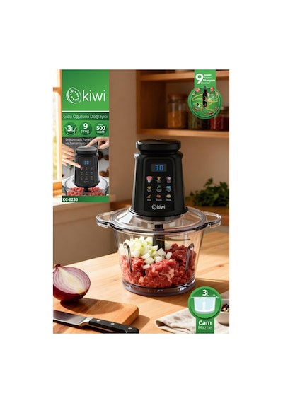 Kiwi Kc-8250 Gıda Öğütücü Doğrayıcı 500w Güçlü Motor&3l Cam Kase &9 Titanyum Bıçaklı & Dokunmatik Ekran