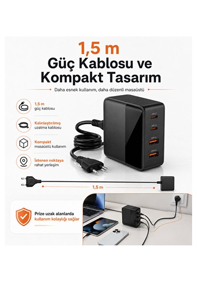65w Gan Masaüstü Şarj Cihazı 4 Port 2 Usb-c 2 Usb-a Lcd Göstergeli