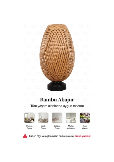 Boja Bambu Abajur, Masa Lambası 23x37x42 Cm İskandinav, Modern, Bohem, Rattan, Aydınlatma