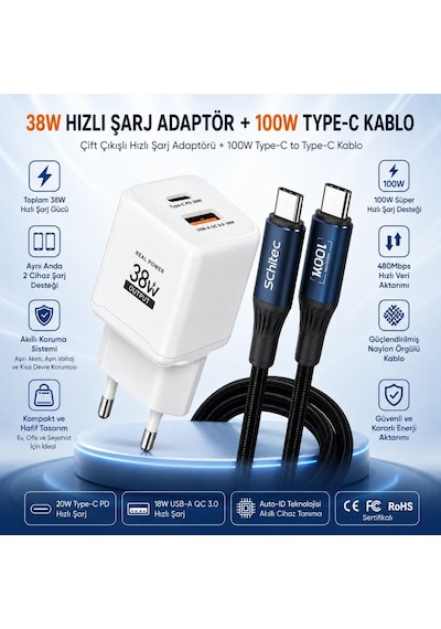 Schitec 38w 2 Çıkışlu Hızlı Şarj Başlığı Ve 100w Type-c To Type-c Süper Hızlı Şarj Kablosu 1.2 Metre
