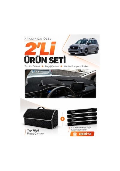 Nissan Townstar 2025-sonrası Uyumlu Torpido Örtüsü + Tay Tüyü Bagaj Çantası + Sticker - Siyah Gri