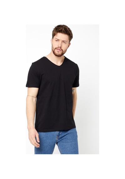 Comeor Erkek Siyah Slim Fit Pamuklu Kısa Kollu V Yaka T-Shirt Siyah