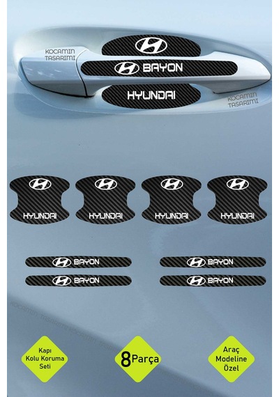 Karbon Kaplama Hyundai Bayon Kapı Kolu Koruma Seti 8 Parça, Şık Beyaz Yazılı Folyo