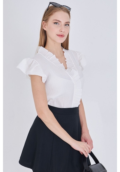 Armonika Kadın Beyaz Yakası Ve Kolları Fırfırlı Bluz Arm-25y001063