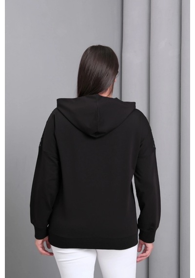 Aytemas Yakası Taşlı File Detaylı Sweatshirt Siyah