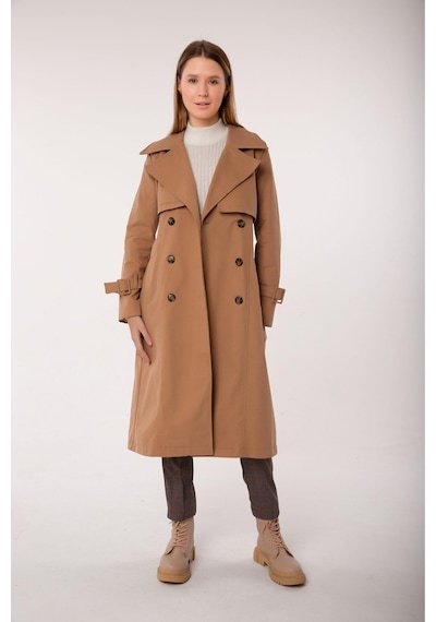 Pastelastore %100 Pamuk Gabardin Uzun 110cm Astarlı Kemerli Kadın Trençkot 1111 Bej