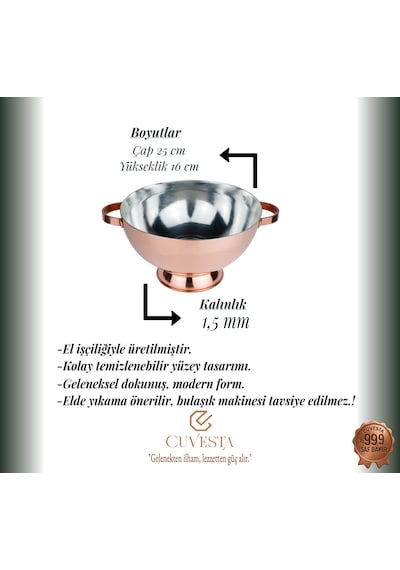 Cuvesta El Yapımı Modern Kalın 1.5mm Bakır Meyve Ve Salata Kasesi