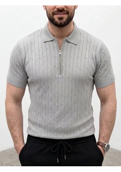 Erkek Yazlık Triko Saç Örgü Tişört Kısa Kol Polo Yaka Fermuarlı T-shirt - Gri
