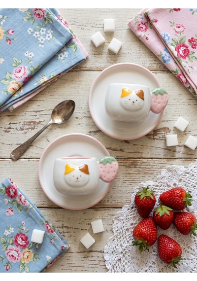 Kedi Desenli Çilek Kulplu 2'li Kahve Fincanı 140 Ml Diğer