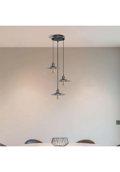 Riolight Rustik1,retro1,vintage1 Gümüş Gri Fırçalı Patine 3xe27 Metal Sarkıt Avize Taban Çapı:30cm Gümüş - Gri