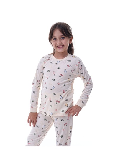 Meyve Desenli Kız Çocuk Pijama %100 Pamuk, Rahat Ve Yumuşak Kumaşlı Set Krem
