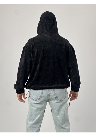Cocopelli Kadife Dokulu Siyah Oversize Kapüşonlu Erkek Sweatshirt Coc1038 Siyah