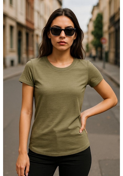 Kadın %100 Organik Pamuklu Relaxed Yıkamalı T-shirt Bisiklet Yaka Kısa Kollu Kadın Basic Tişört Haki