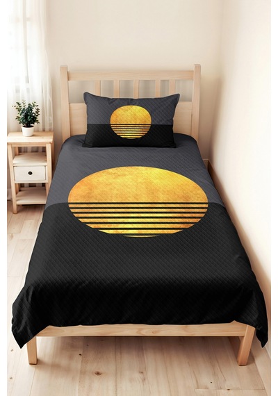 Siyah Gold Geometrik Genç Odası Tek Kişilik Pike Takımı - Antrasit Sarı 160x220 Cm Yatak Örtüsü Naif Akşam Fısıltısı
