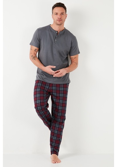 Buratti Ekoseli Pamuklu Beli Lastikli Regular Fit Kısa Kollu Erkek Pijama Takımı 6572004 Füme