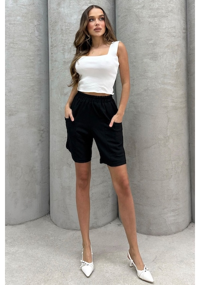 Lesa Wear Yüksel Bel Bol Kesim Keten Görünümlü Çift Cepli Şort Siyah