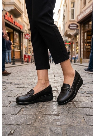 Mehmet Mete 4286 Comfort Rahat Hakiki Deri Loafer Kadın Ayakkabı Siyah