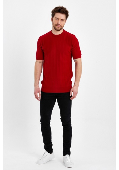 Erkek Yuvarlak Yaka Örme T-shirt Kırmızı