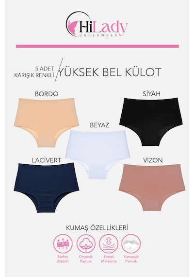 Kadın Külot, Çok Renkli Yüksek Bel Külot, Pamuklu Yumuşak Kumaş, Çoklu Paket, Karışık Renkli Siyah - Vizon - Ten Rengi