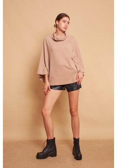 Jument Degaje Yaka Balıkçı Yarasa Model Rahat Kesim Oversize Triko Bluz-koyu Bej K.bej