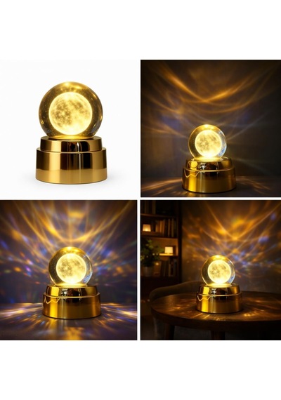 Deinhaus Kristal Küre Ay Lambası, Altın Renkli Taban, Led Işıklı, Masa Lambası, 15 Cm, Sıcak Beyaz Işık Diğer