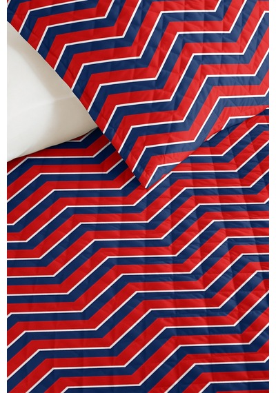 Kırmızı Mavi Zigzag Geometrik Genç Odası Tek Kişilik Pike Takımı - Çizgili 160x220 Cm Yatak Örtüsü Gölge Yaprak Harmonu