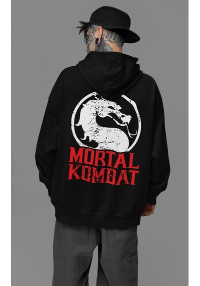 Sevbano Mortal Kombat Baskılı Unisex Oversize Anime Hoodie Siyah
