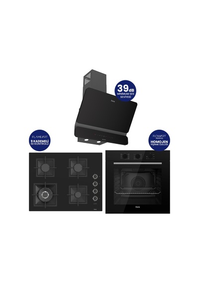 Flowart Turbolu Silenart QBL62CS - SC405 - D080SA Siyah 65 Cm Woklu Ocak Cam Ankastre Set