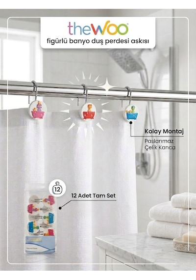 The Woo Sevimli Figürlü Banyo Duş Perdesi Askısı 12'li Set Çok Renkli
