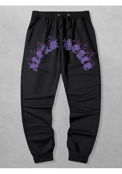 Guys Letter Fire Graphic Drawstring Eşofman Altı Siyah