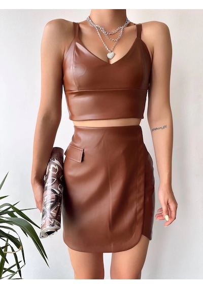 Defymoda Cep Detaylı Oval Kapaklı Deri Etek Kahve H240048 Kahve