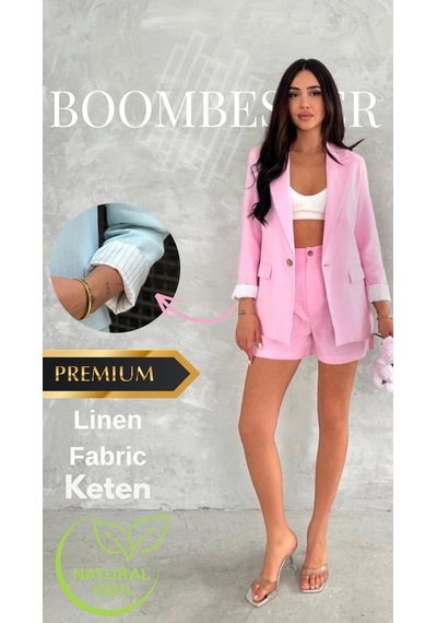Boombester Kadın Flam Keten Astarlı Blazer Ceket Çizgili Astar Detay Rahat Kalıp İnce Ceket Pembe Boombester Kadın Flam Keten Astarlı Blazer Ceket Çizgili Astar Detay Rahat Kalıp İnce Ceket Pembe