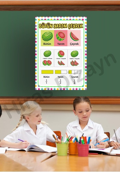 Bütün Yarım Çeyrek Afişi Eğitici Çocuk Posteri Okul Öncesi İlkokul Sınıf Duvar Panosu Öğretmen Materyali 30x42cm A3 Kalın Kuşe Kağıt