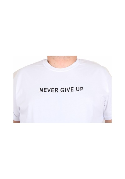 Moc Grande Mocgrande Erkek Büyük Beden Sıfır Yaka Tişört Never Give Up 25140 Beyaz Beyaz