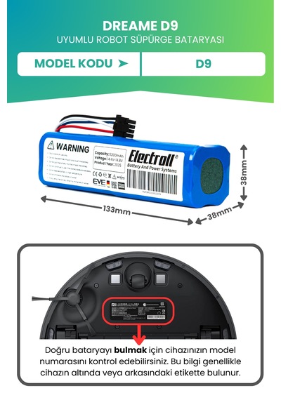 Dreame D9 Uyumlu Batarya Ultra Yüksek Kapasite 6400mah
