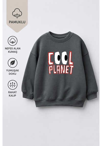 Monila Unisex Çocuk 3 İplik Kumaş Baskılı Pamuklu Sweatshirt Antrasit
