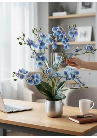 Yapay Çiçek Mavi 9 Dallı Islak Orkide Gümüş Metal Saksıda Saksıda Orkide 60cm Mavi