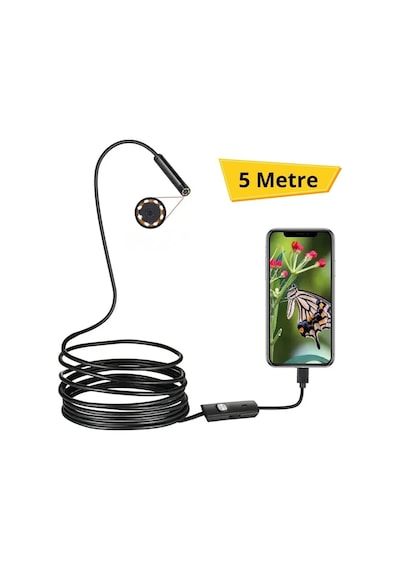 Buffer 5 Metre Android Telefon Uyumlu 6 Led Işıklı Su Geçirmez Endoskop / Boroskop Yılan Kamera Hd
